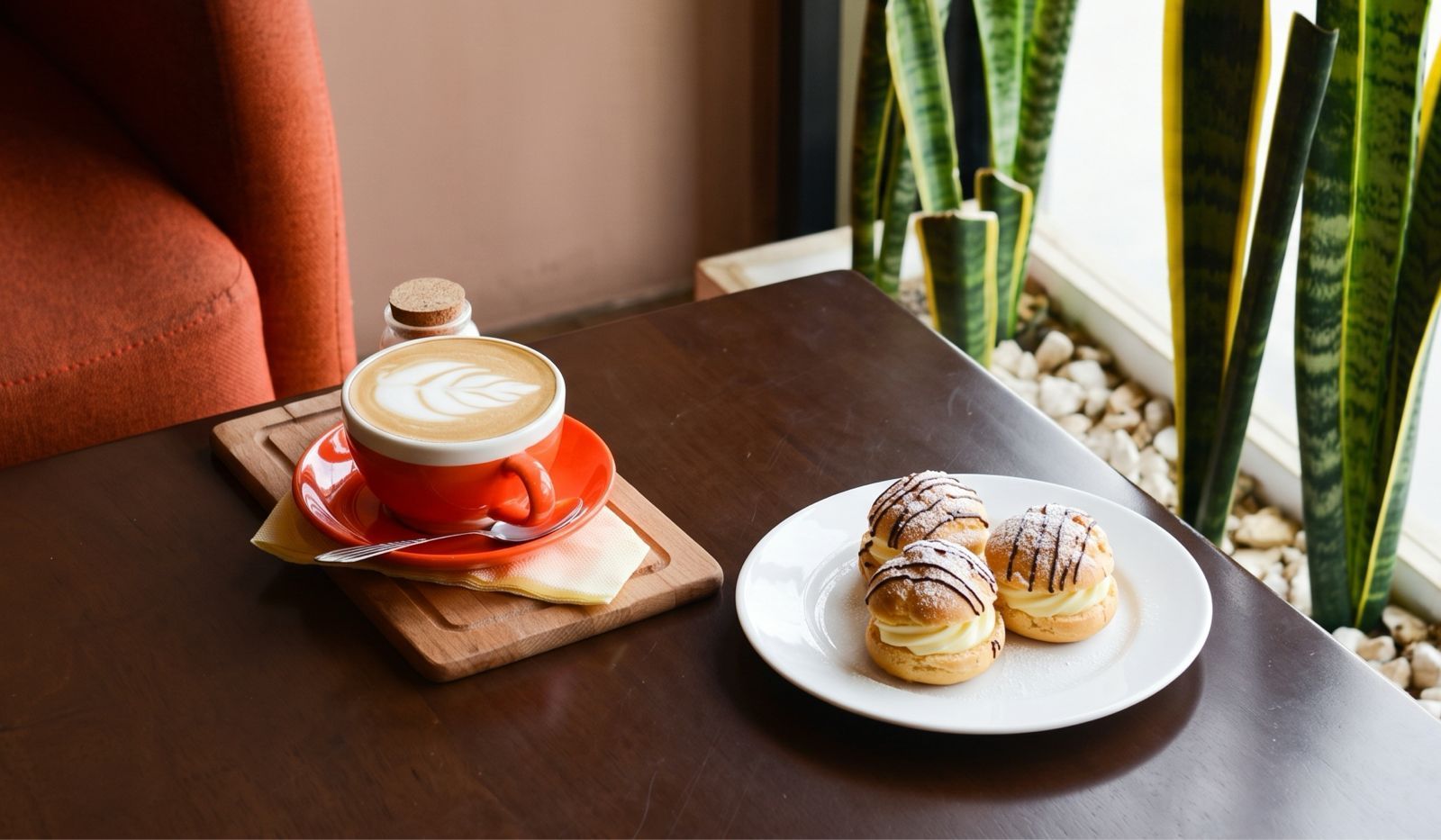 a cup of hot macchiato and a plate containing three pieces of profiteroles