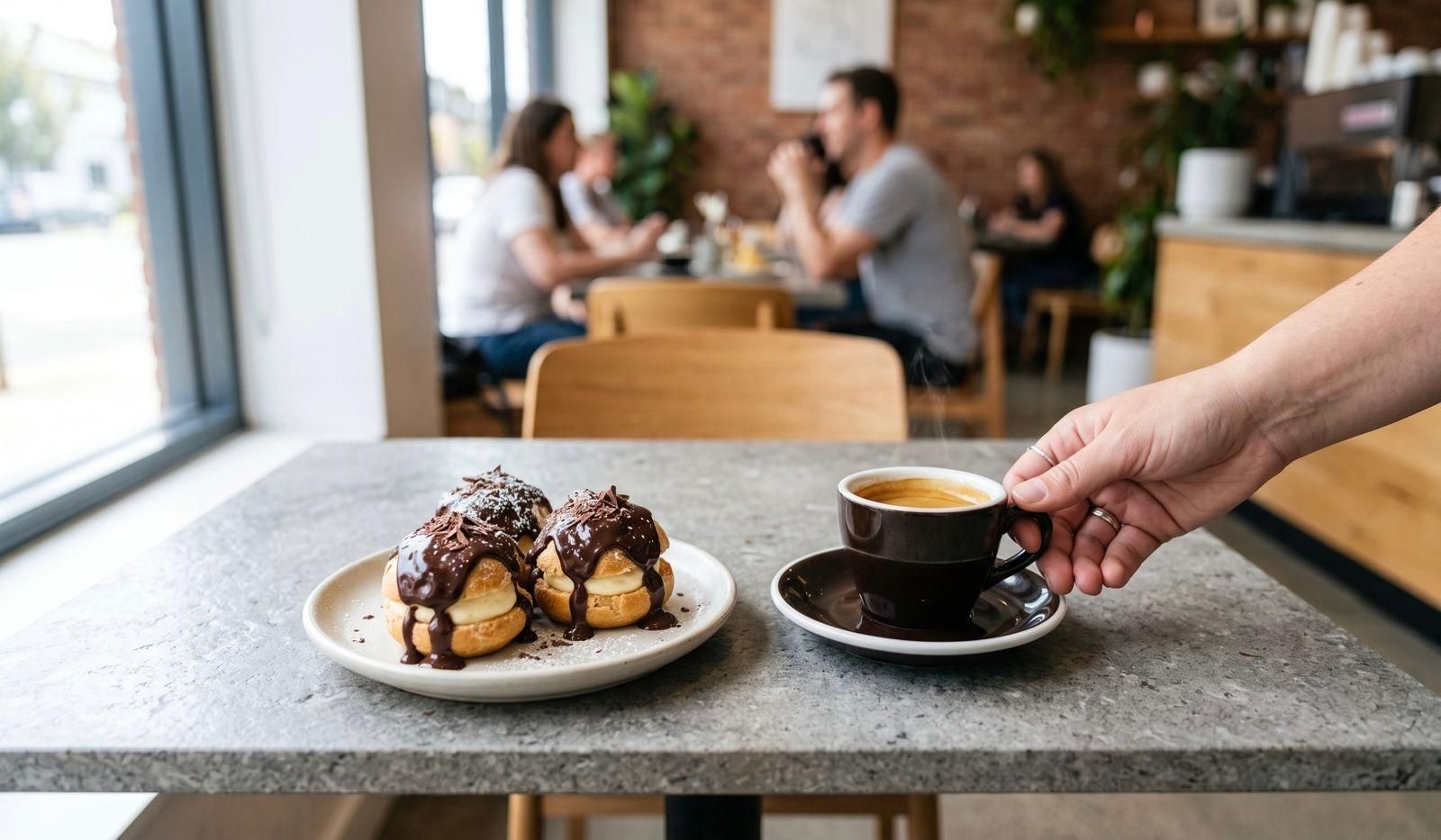 A customer's hand places a ceramic cup of hot espresso onto a clean stone table next to a plate of three profiteroles drizzled with dark chocolate in a bright café.
