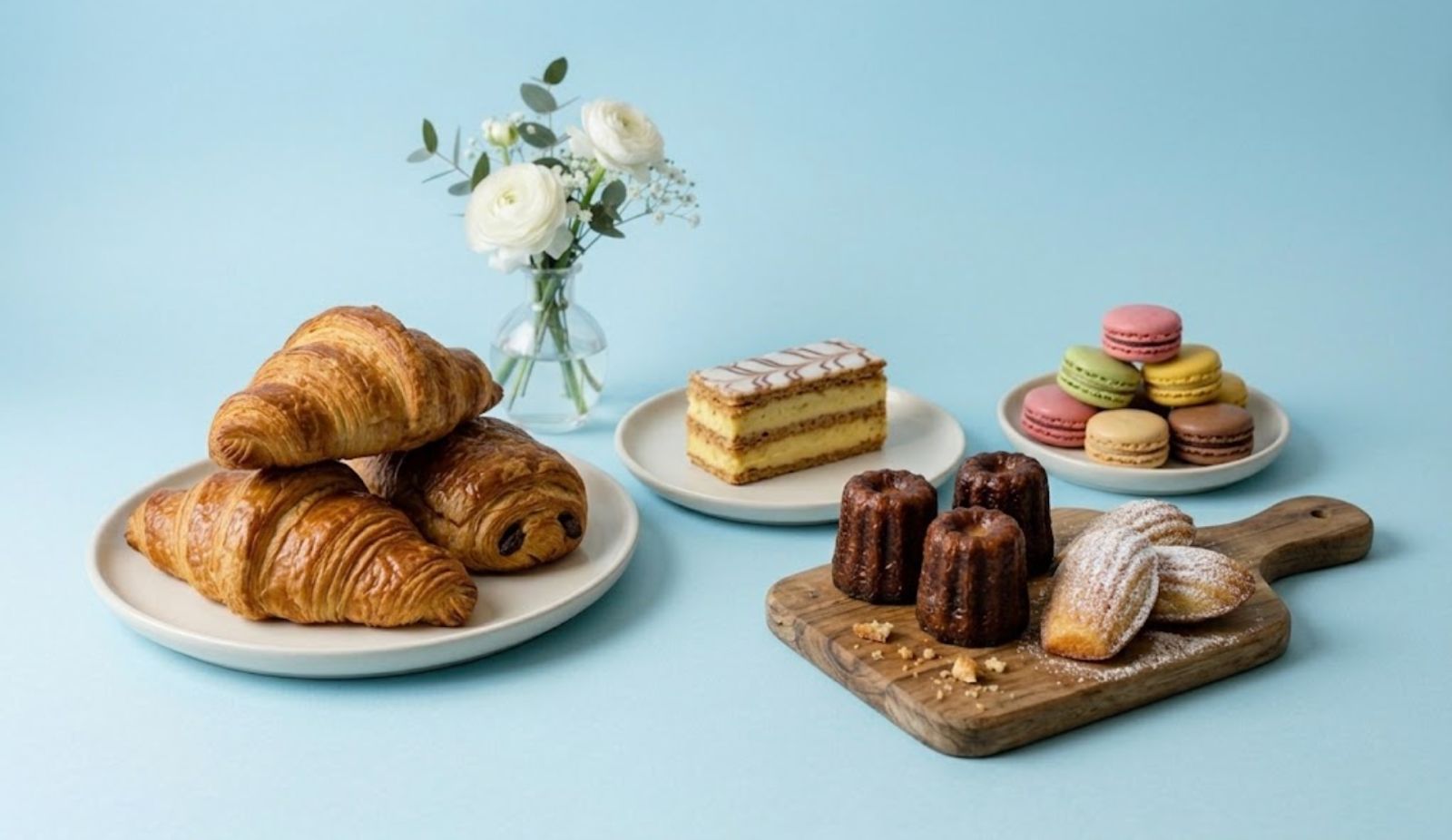 assorted french pastries arranged neatly on a table. they all look aesthetically pleasing with a lavender background and a flower vase behind them