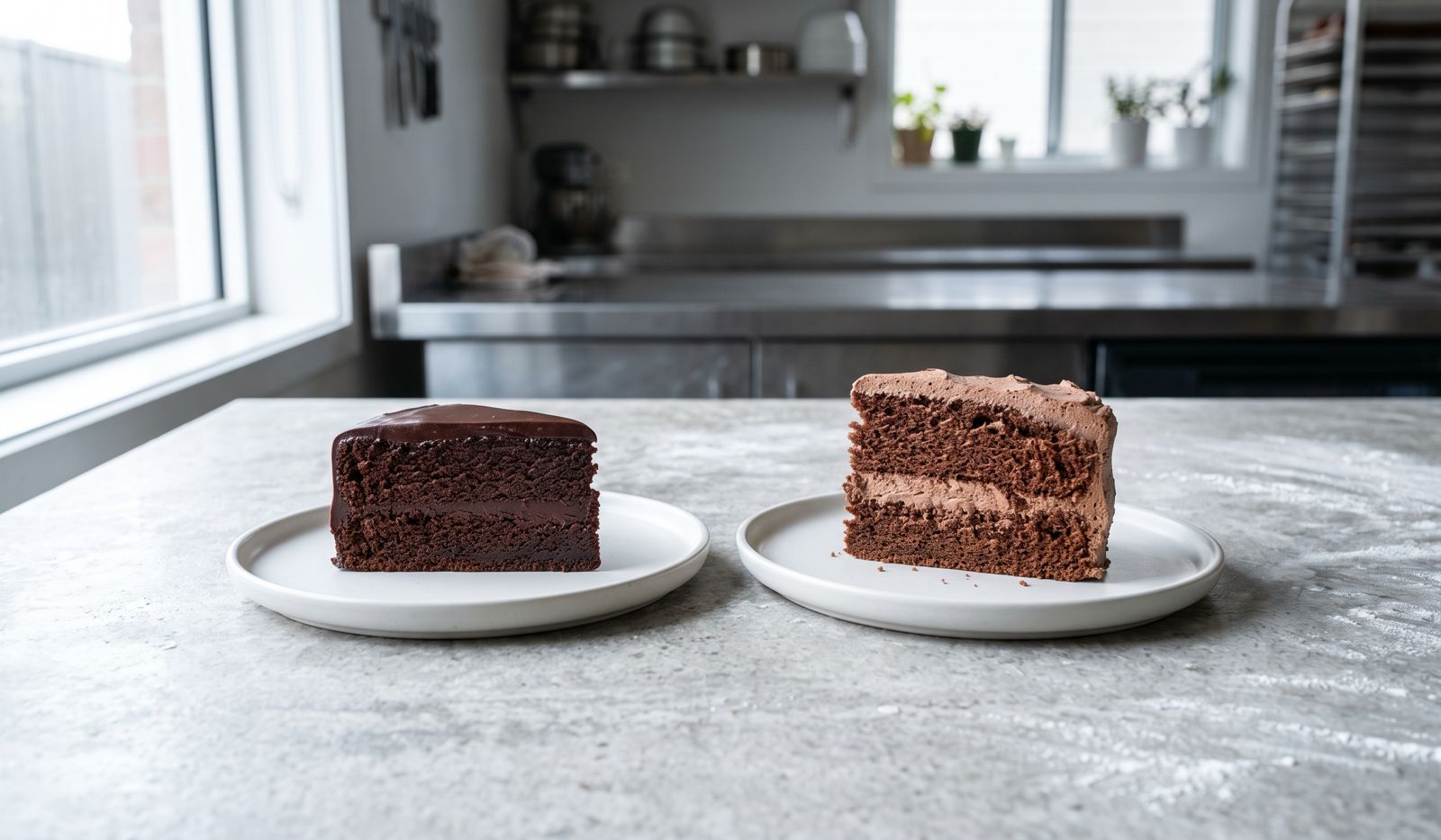 Side by side comparison of a slice of dense chocolate mud cake and a light chocolate sponge cake on white ceramic plates