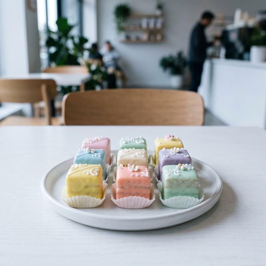 petit fours arranged neatly on a ceramic plate