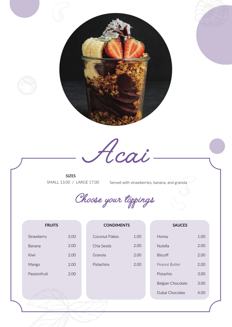 acai sunday with choices of toppings