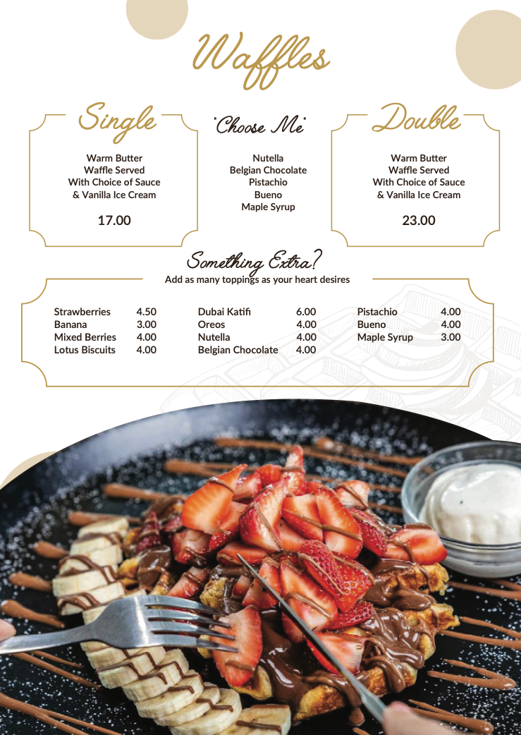 waffle menu with some options for add ons and toppings