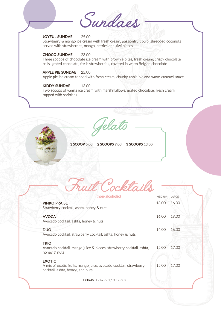 sundae, gelato, and fruit cocktail menu