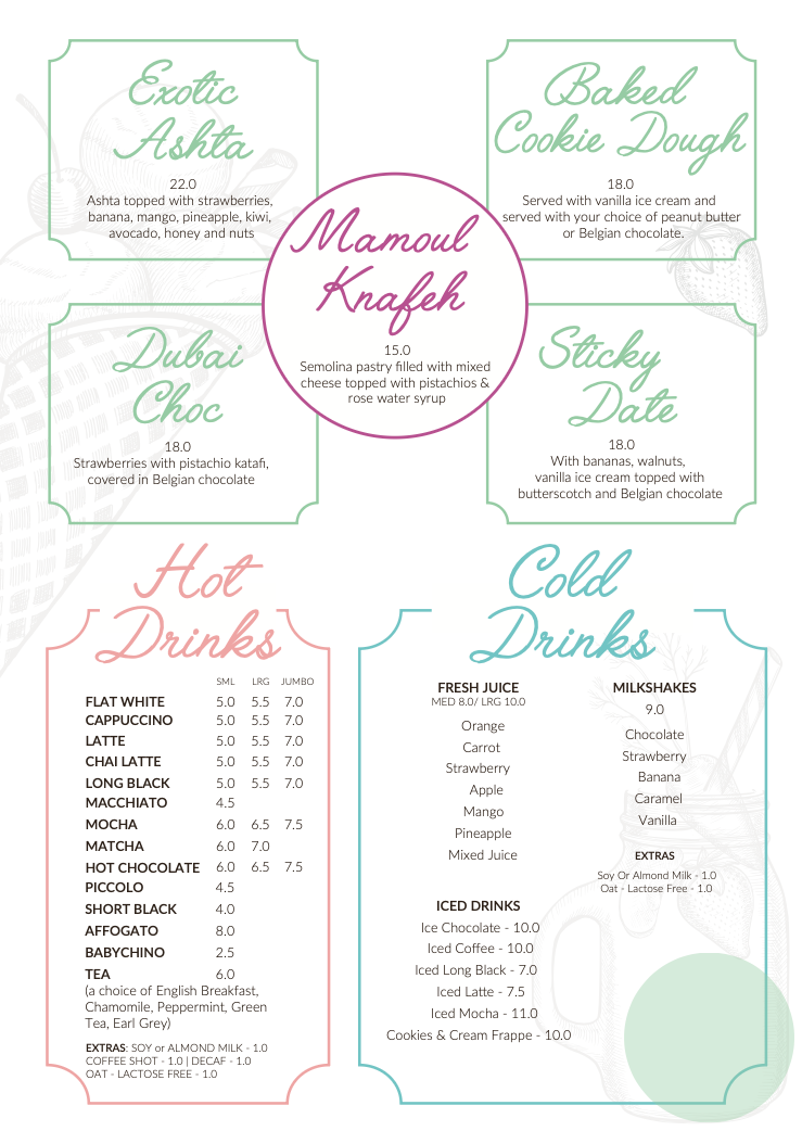 options for desserts, cookies, chocolate, hot drinks and cold drinks