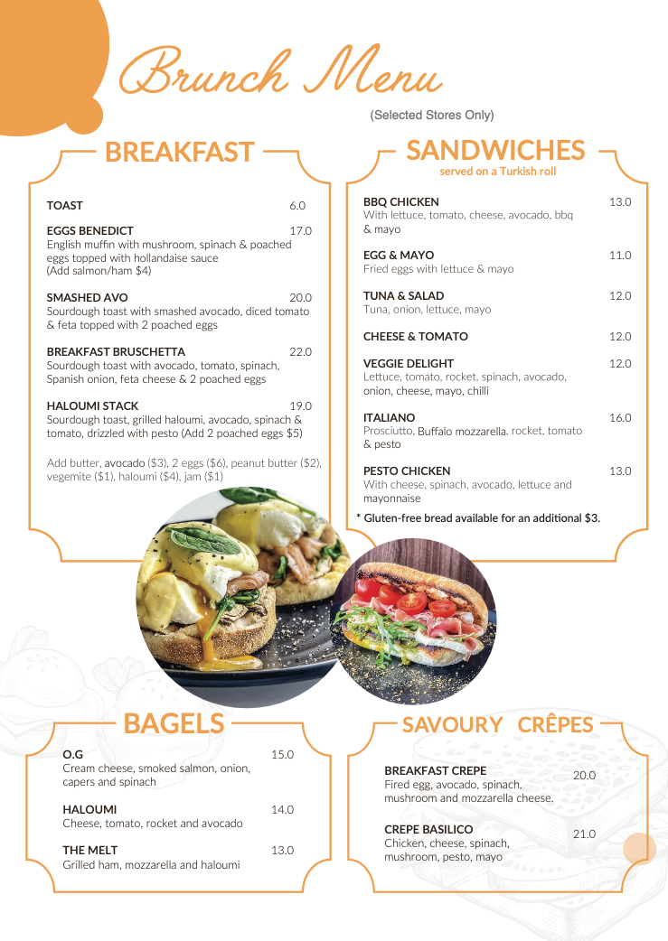 brunch menu such as sandwiches and bagels