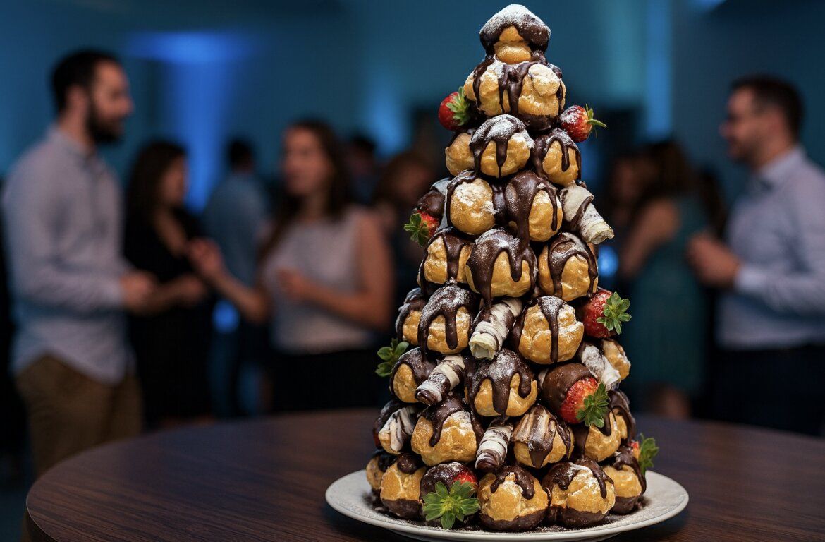 A tall profiterole tower covered in chocolate drizzle, powdered sugar, and fresh strawberries sits on a round table at a lively indoor event. Blurred guests mingle in the background, creating an elegant and celebratory atmosphere.