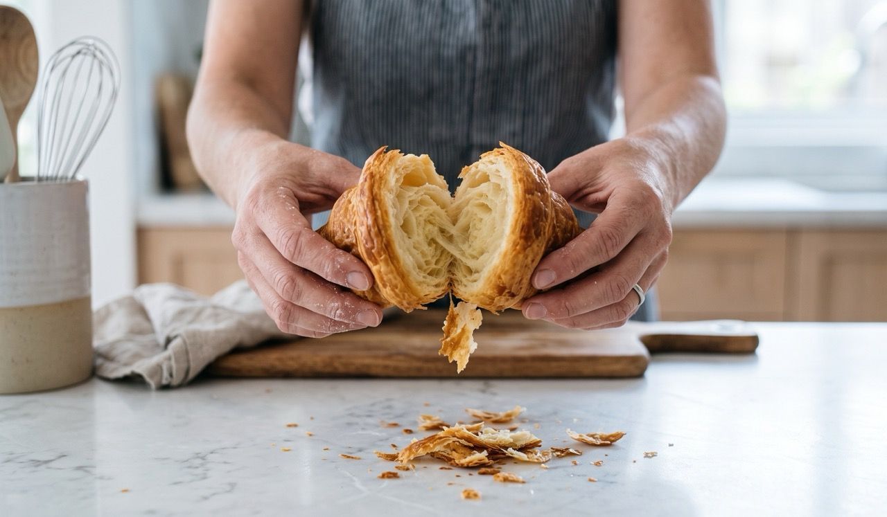 A close-up of hands pulling a freshly baked, flaky croissant in half to reveal its intricate interior laminated layers, on a marble kitchen counter with blurred baking tools in the background.