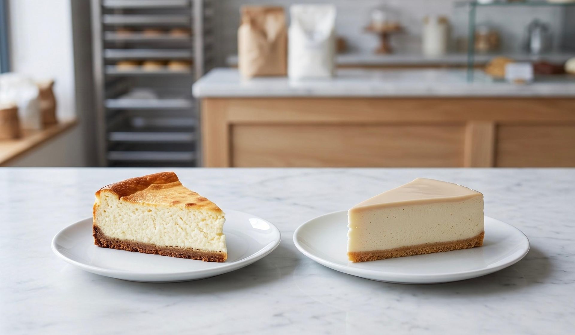 Side by side comparison of a golden baked cheesecake slice and a smooth chilled set cheesecake slice on ceramic plates