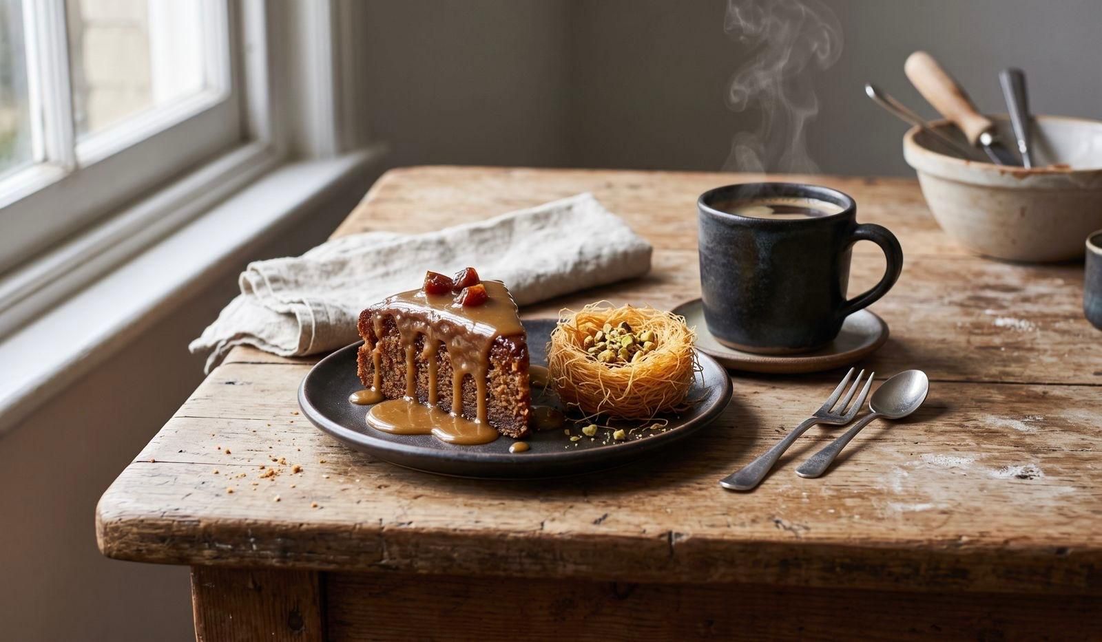 A rustic wooden table setting with a black plate holding a slice of sticky date cake topped with caramel and candied pecans, and a kataifi kunafeh nest with pistachios. Next to it is a steaming dark mug of coffee, a linen napkin, and cutlery, bathed in natural light from a window.