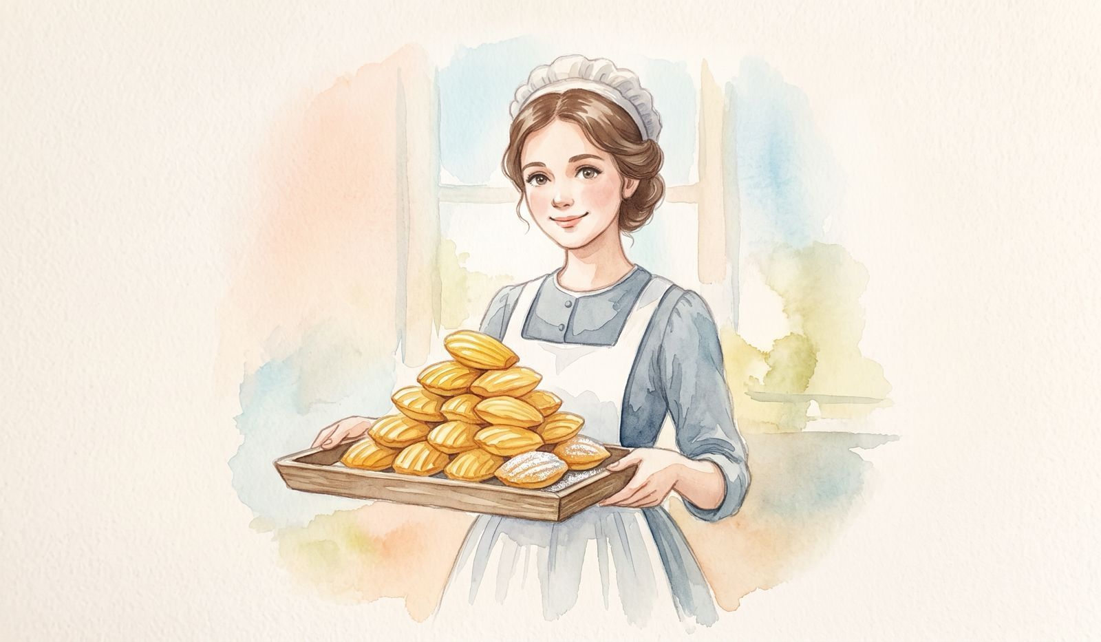 Madeleine Paulmier holding a tray of freshly baked madeleines