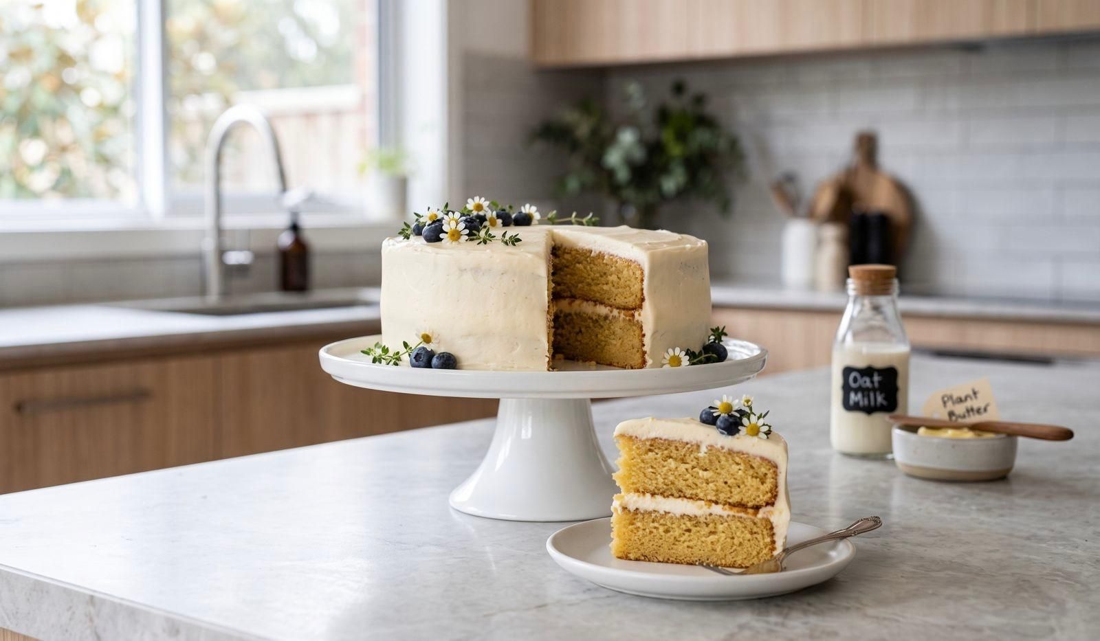 A beautiful two-layer vegan golden sponge cake with white frosting, decorated with fresh daisies, purple blueberries, and thyme sprigs, resting on a white ceramic stand in a modern home kitchen.