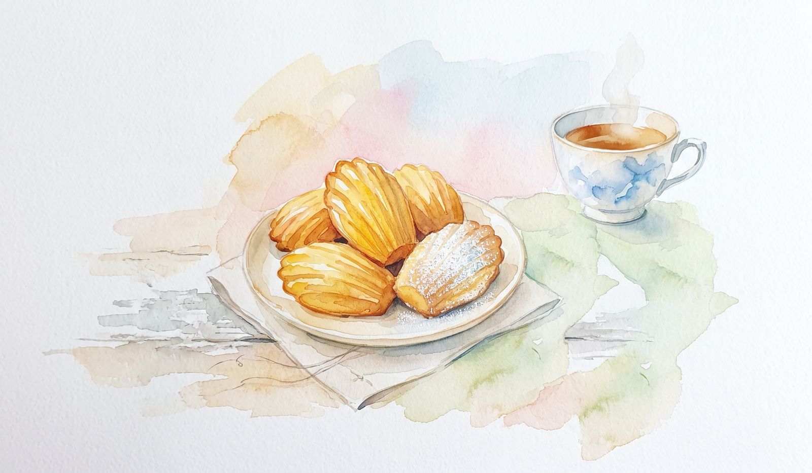 a plate with 5 pieces of madeleines stacked on it and a cup of coffee beside the plate