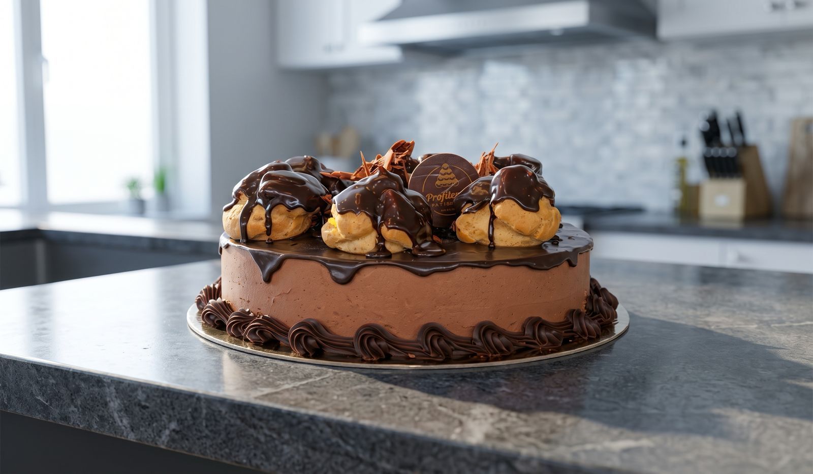 Artisan chocolate mousse cake topped with glossy chocolate-glazed profiteroles and delicate chocolate curls, resting on a polished dark grey stone benchtop in a sunlit modern kitchen.