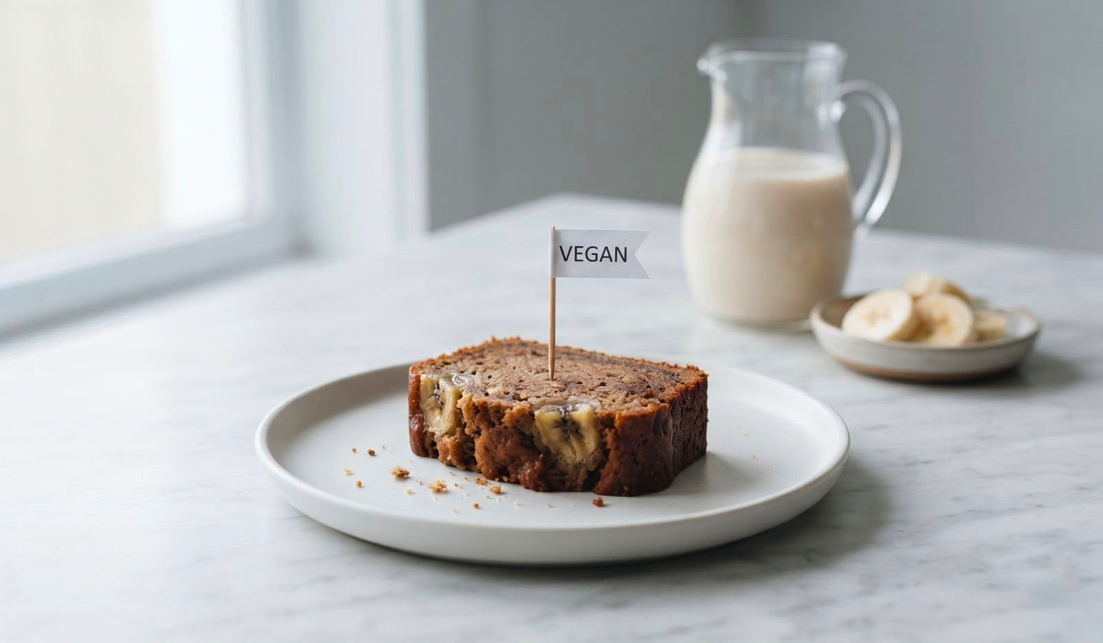 A thick slice of moist vegan banana bread with banana chunks, topped with a toothpick flag that says 