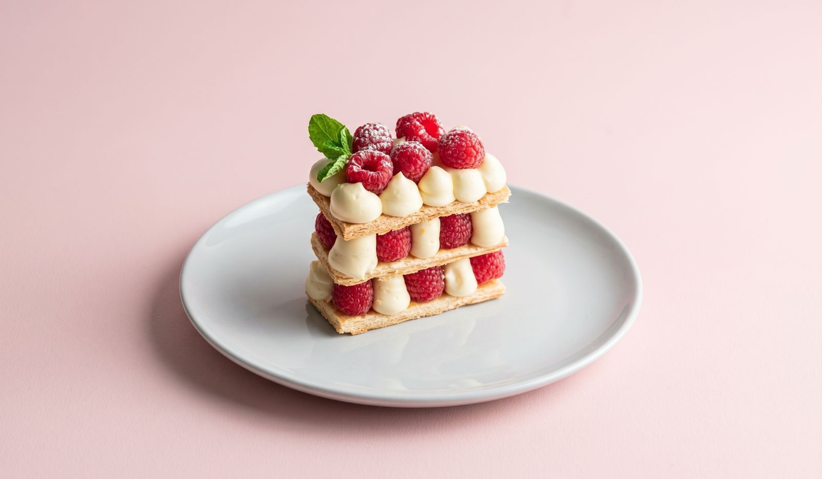 a slice of raspberry mille feuille or napoleon pastry placed on a white ceramic plate. The background is a clean pastel pink backdraft with a clean and aesthetic feel on the entire image.