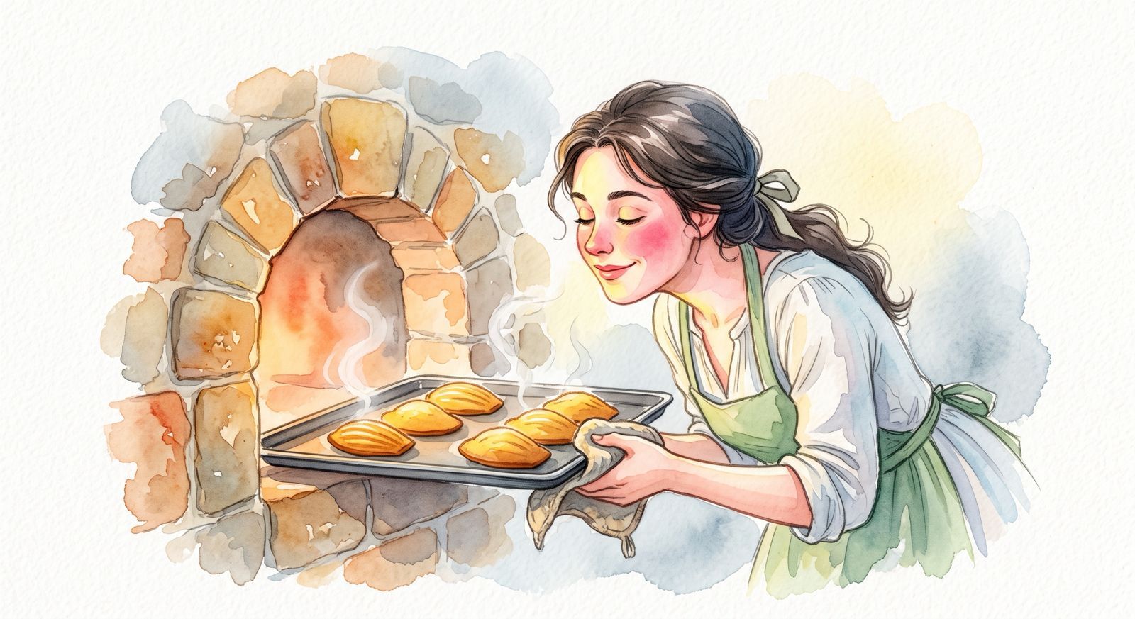 A female baker taking out a tray of madeleines fresh from the brick oven