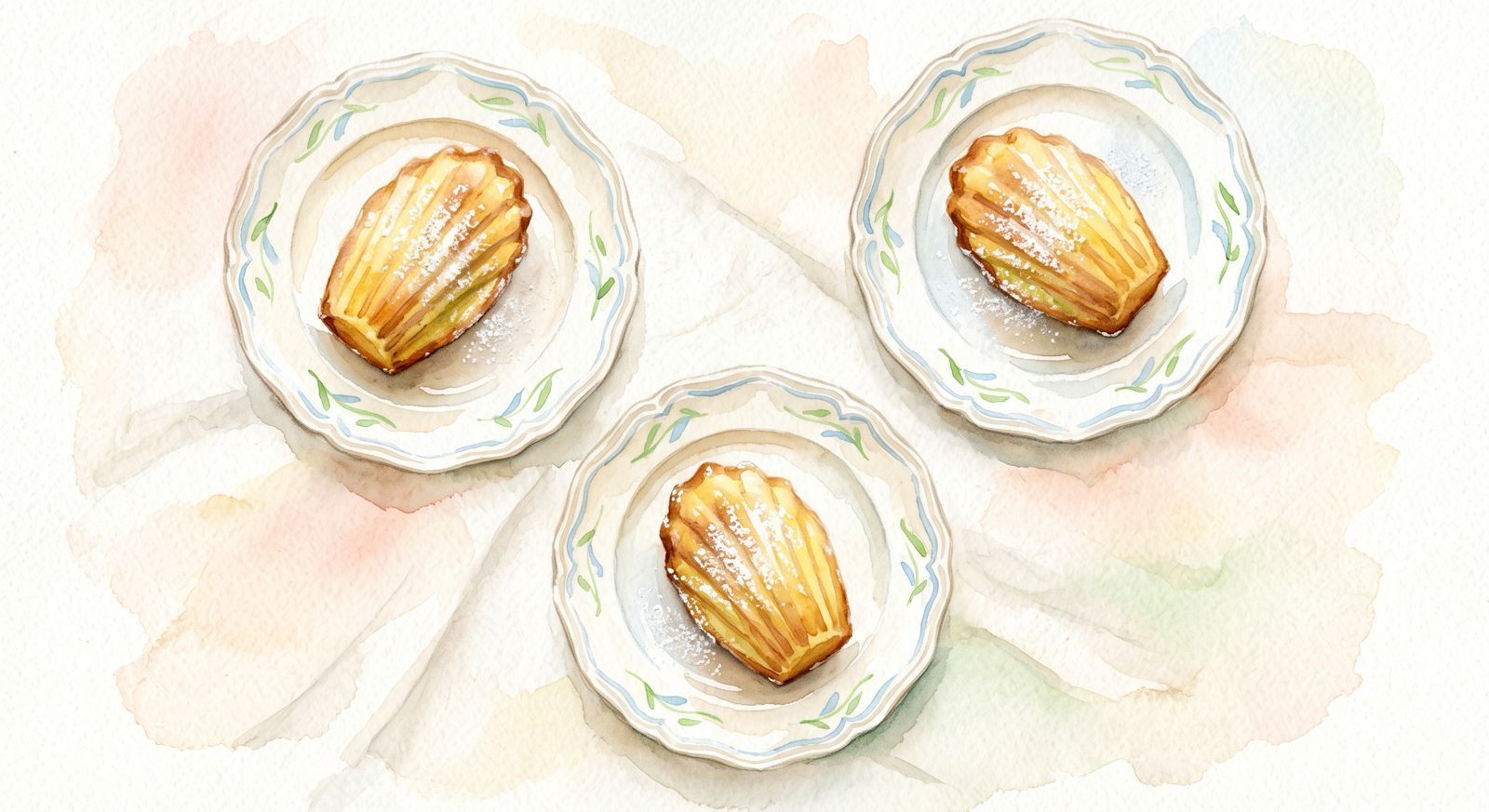 a flat-lay shot of three madeleines placed on ceramic plates each showing thei beautiful shell shape