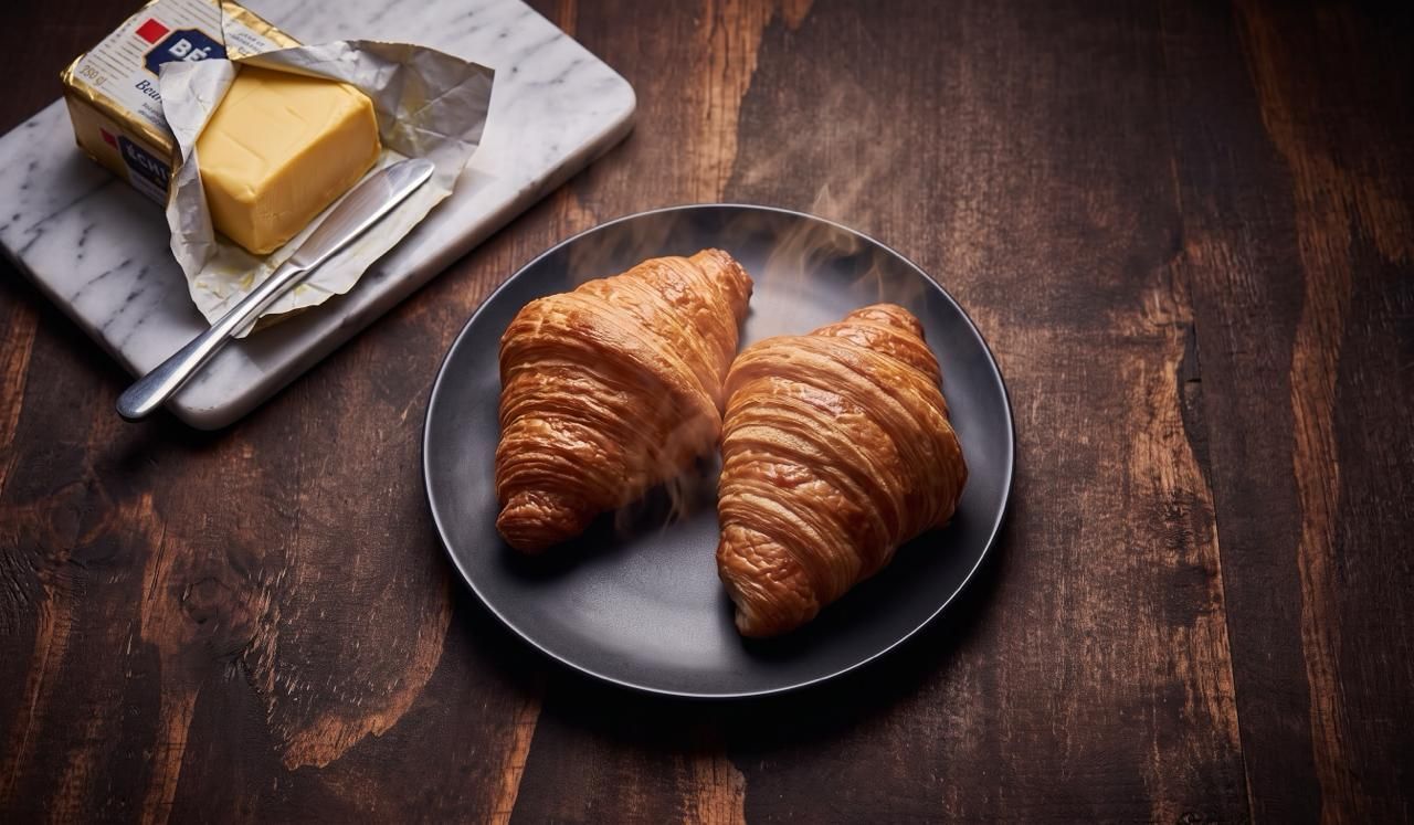 Two freshly baked, steaming croissants on a black plate beside an open block of European butter on a dark wooden table.