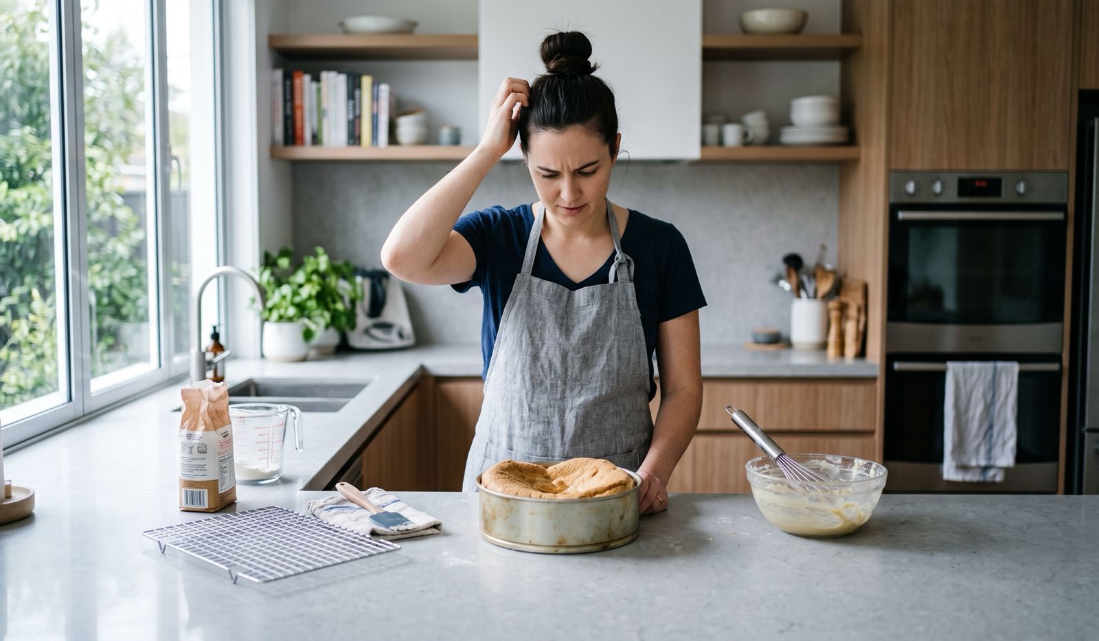 A perplexed home baker wearing a grey apron scratches her head while looking down at a sunken vanilla sponge cake in a round tin on a light grey stone kitchen counter.