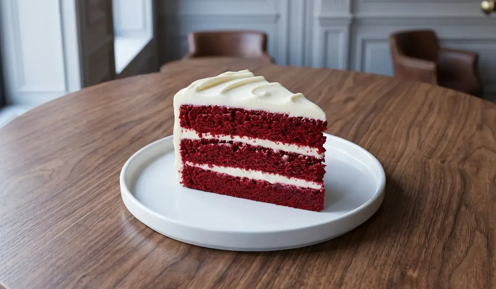 Sliced artisan red velvet layer cake with smooth cream cheese frosting on a white plate, resting on a walnut wood table in natural morning daylight.