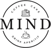 Logo in bianco e nero: "MIND" con "Coffee Cake" sopra e "Drink Aperitif" sotto, pi&ugrave; icone di torta e tazza di caff&egrave;.
