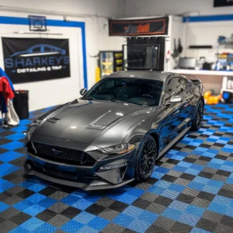 Grey Mustang car with windows tinted in sharkey's shop