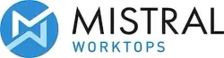 Mistral Worktops logo with blue circular “M” icon and black-and-blue text on white background