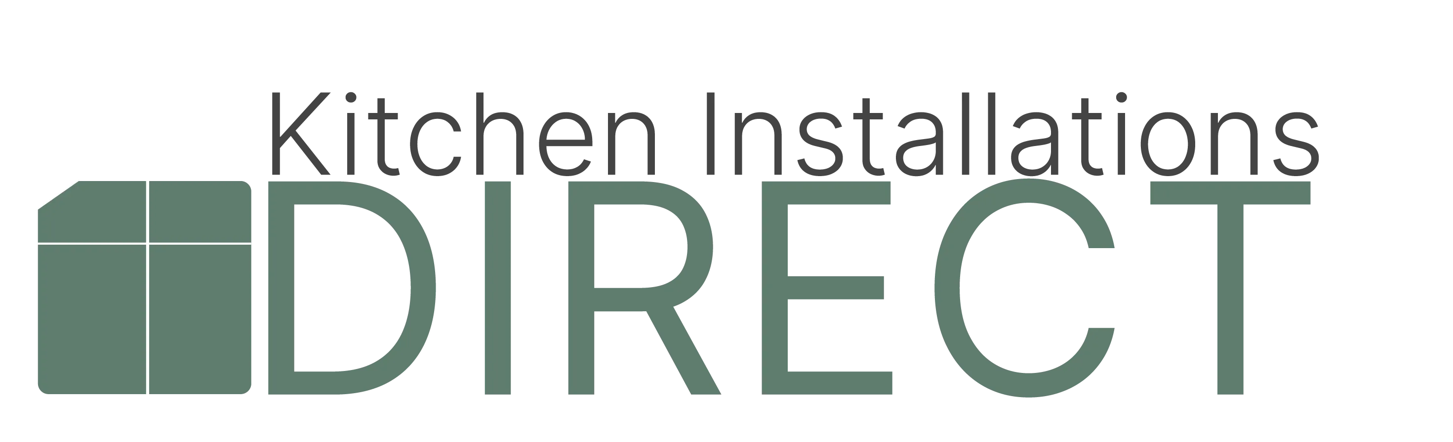 The logo for Kitchen Installations DIRECT in sage green text on a white background, featuring a square icon.