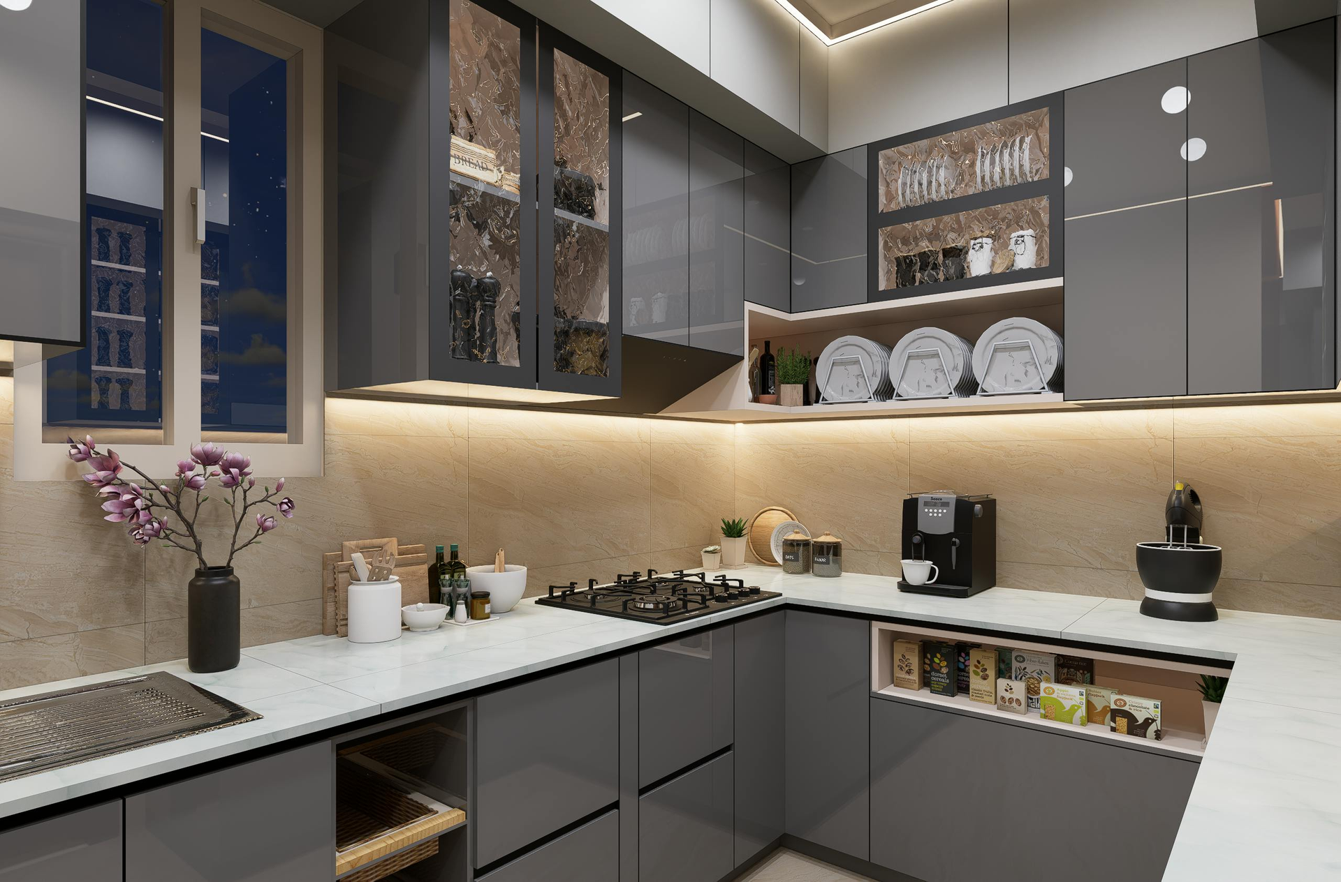 Modern L-shaped kitchen with light gray cabinets, white countertops, black oven and hood, and a farmhouse sink.