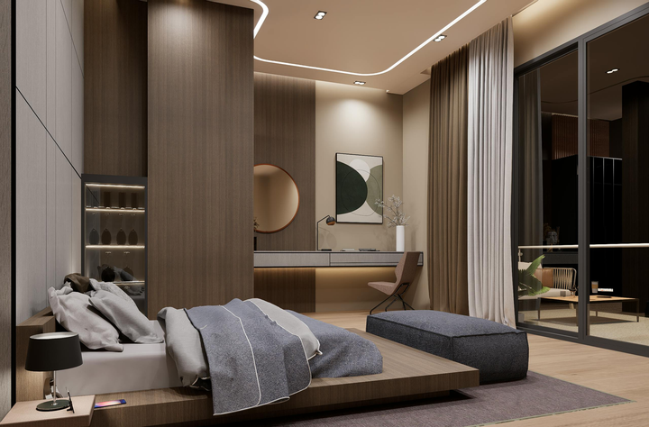 Modern bedroom with a low bed, neutral tones, wood paneling, and floor-to-ceiling curtains and windows