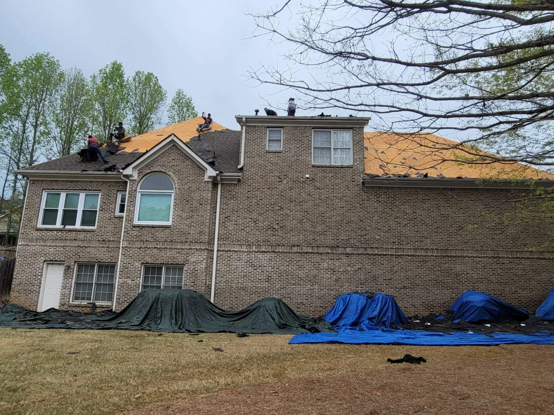 Roofers working on a brick house, partially re-shingled. Tarps on the ground, trees in the background.