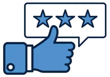 Testimonials Thumbs up with three-star rating in speech bubble. Blue hand with white cuff.