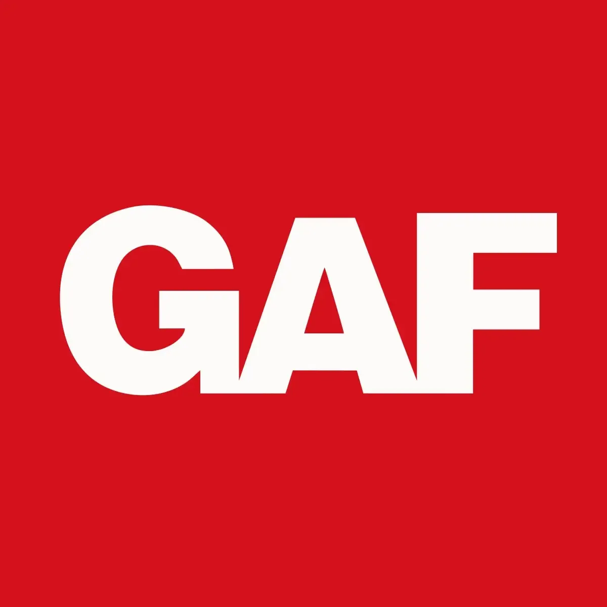 GAF logo, white letters on red background.