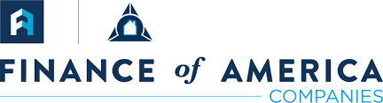 Finance of America Companies logo. Blue and white text and symbols on a white background.