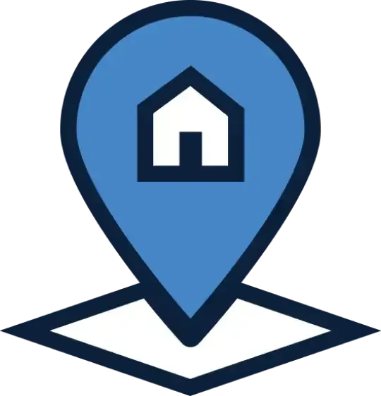 Blue map marker with house icon, indicating location.