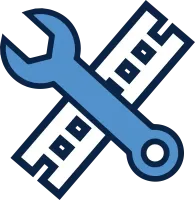 Retro Roofers Hero Blue wrench and ruler crossed, representing tools and settings.