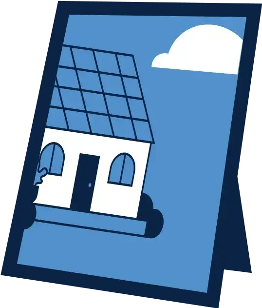Retro Roofers Hero Picture in a frame of a house with solar panels, a cloud, and shrubbery; blue and white color scheme.