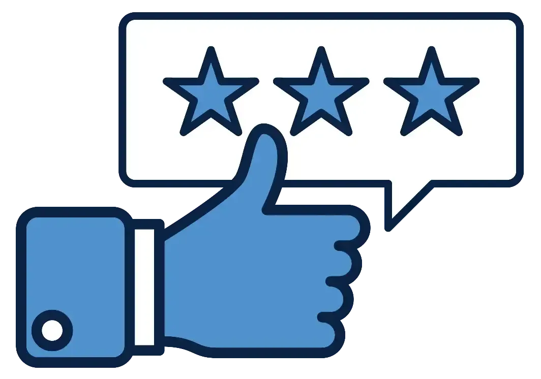 Thumb up with three blue stars in a speech bubble, indicating positive feedback.