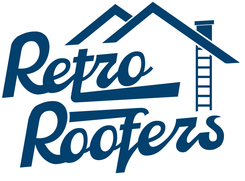 Retro Roofers logo: blue cursive text over a house outline with a chimney and ladder.