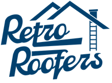 Retro Roofers Logo Retro Roofers logo: blue cursive text over a house outline with a chimney and ladder.