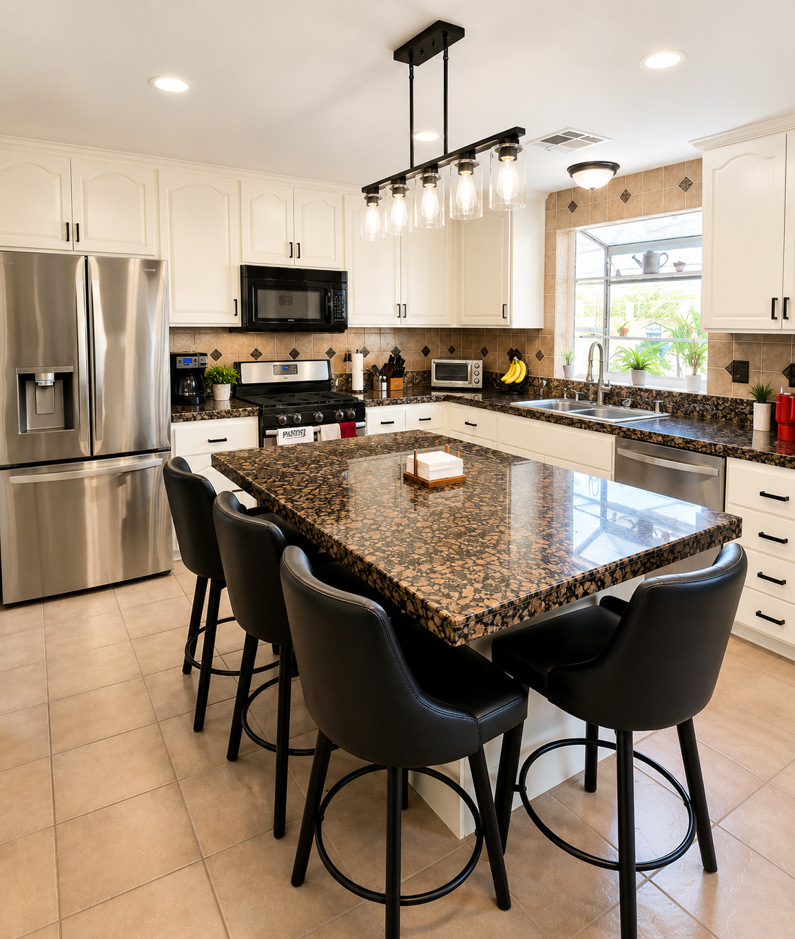 Bright kitchen with pale blue cabinets, white shelves, and a butcher-block counter along a long wall.