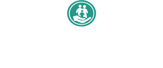 Teal circular emblem with figures in a hand, within a circle border.