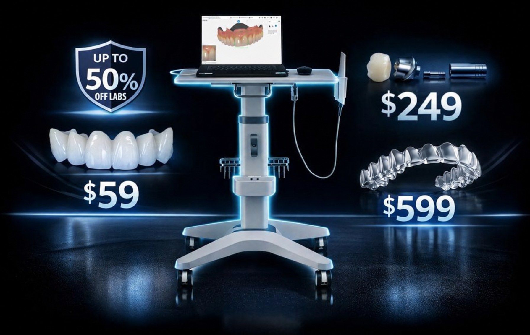Bayshore IntelliScan scanner and Scans Club lab pricing: zirconia from $59, implants from $249, aligners from $599