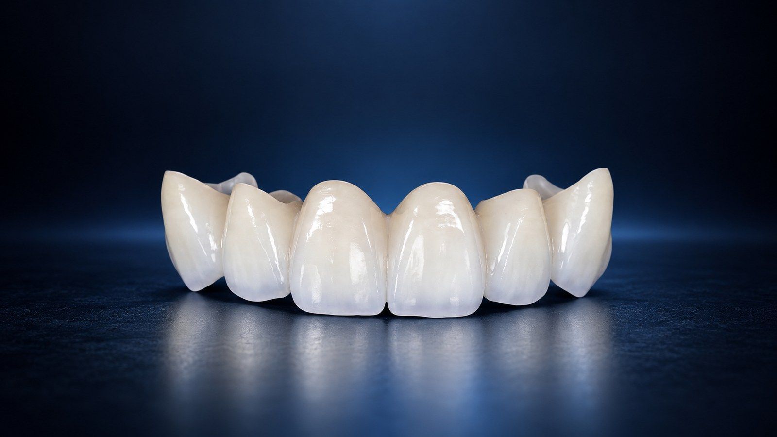 Monolithic zirconia dental bridge under studio lighting