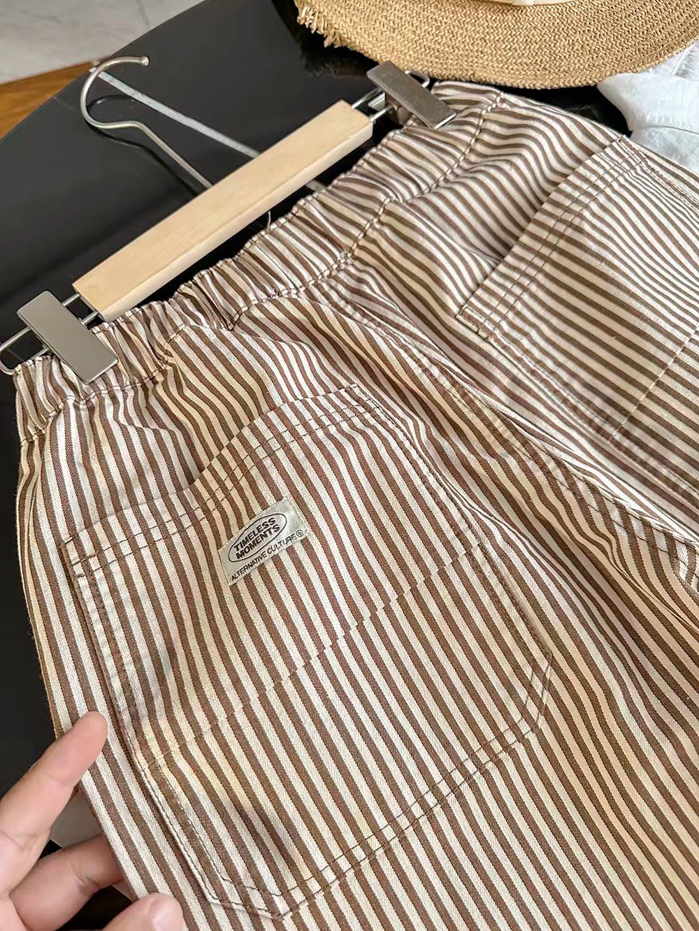 西班牙寬鬆百搭條紋彎刀蘿蔔休閒褲