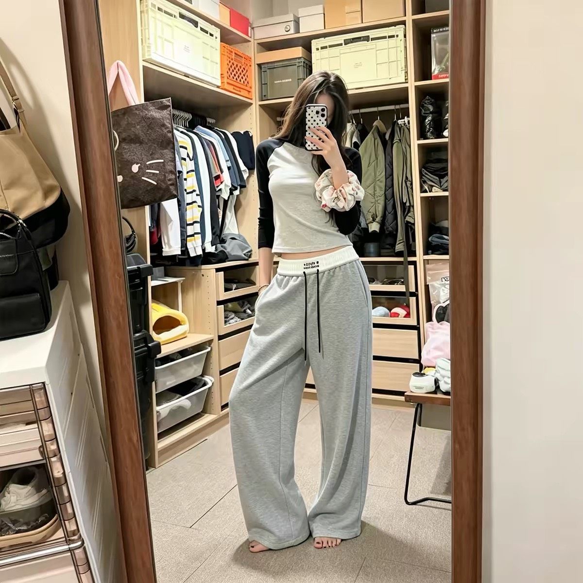 撞色雙層腰頭寬口休閒長褲