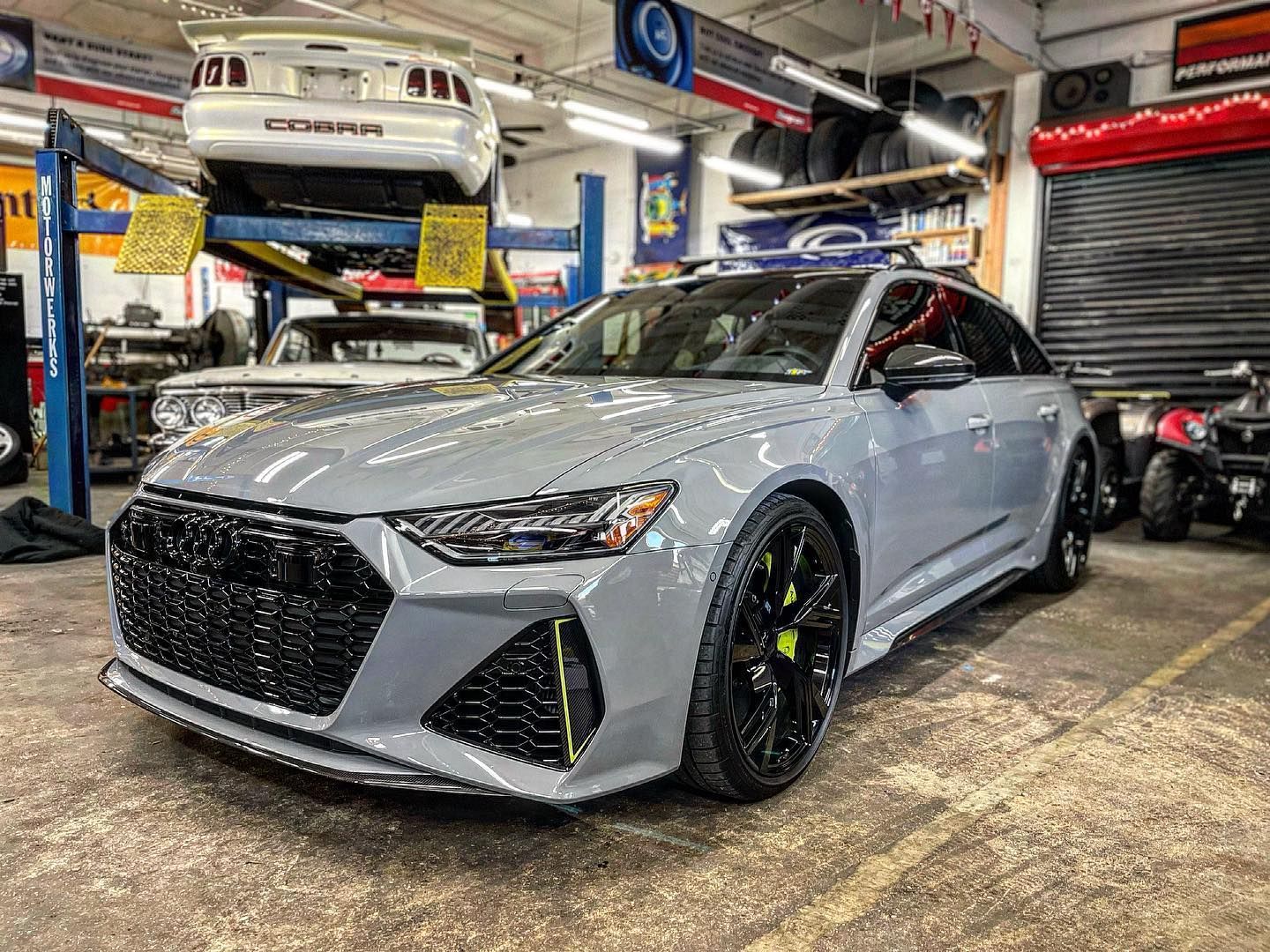 A Gray Audi RS6 is Parked in a Garage | Motorwerks Inc