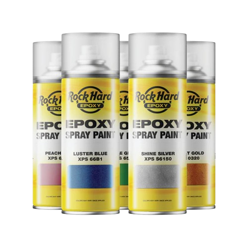 Six cans of rock hard epoxy spray paint in different colors