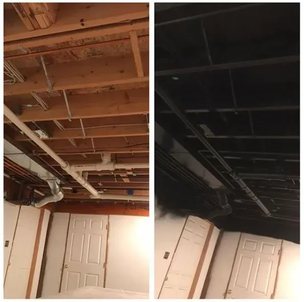 Before and after photos of a basement ceiling. The first is unfinished wood, the second is painted black.